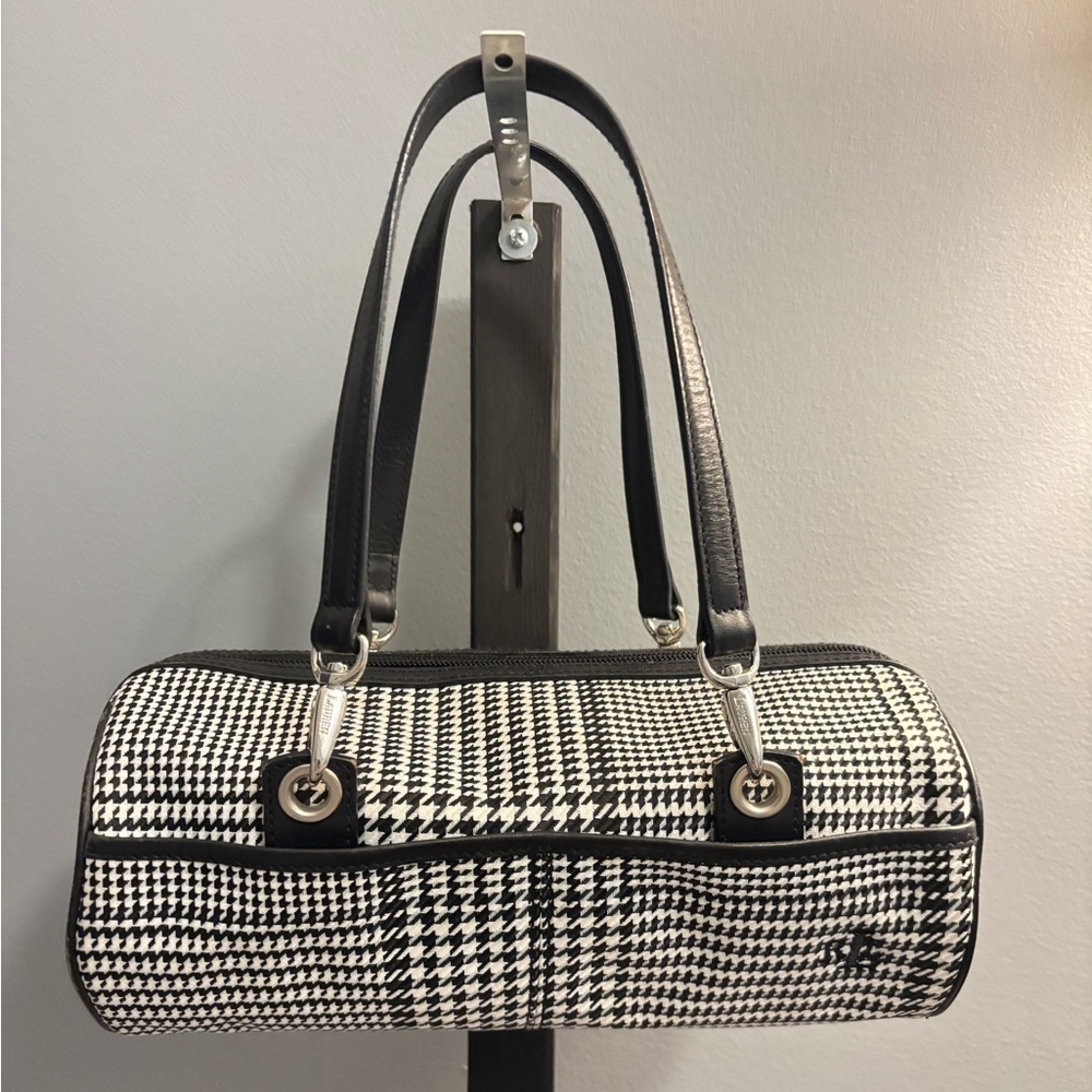 Ralph Lauren Black White Houndstooth Barrel Baguette Shoulder Bag | 11x5x3.5"